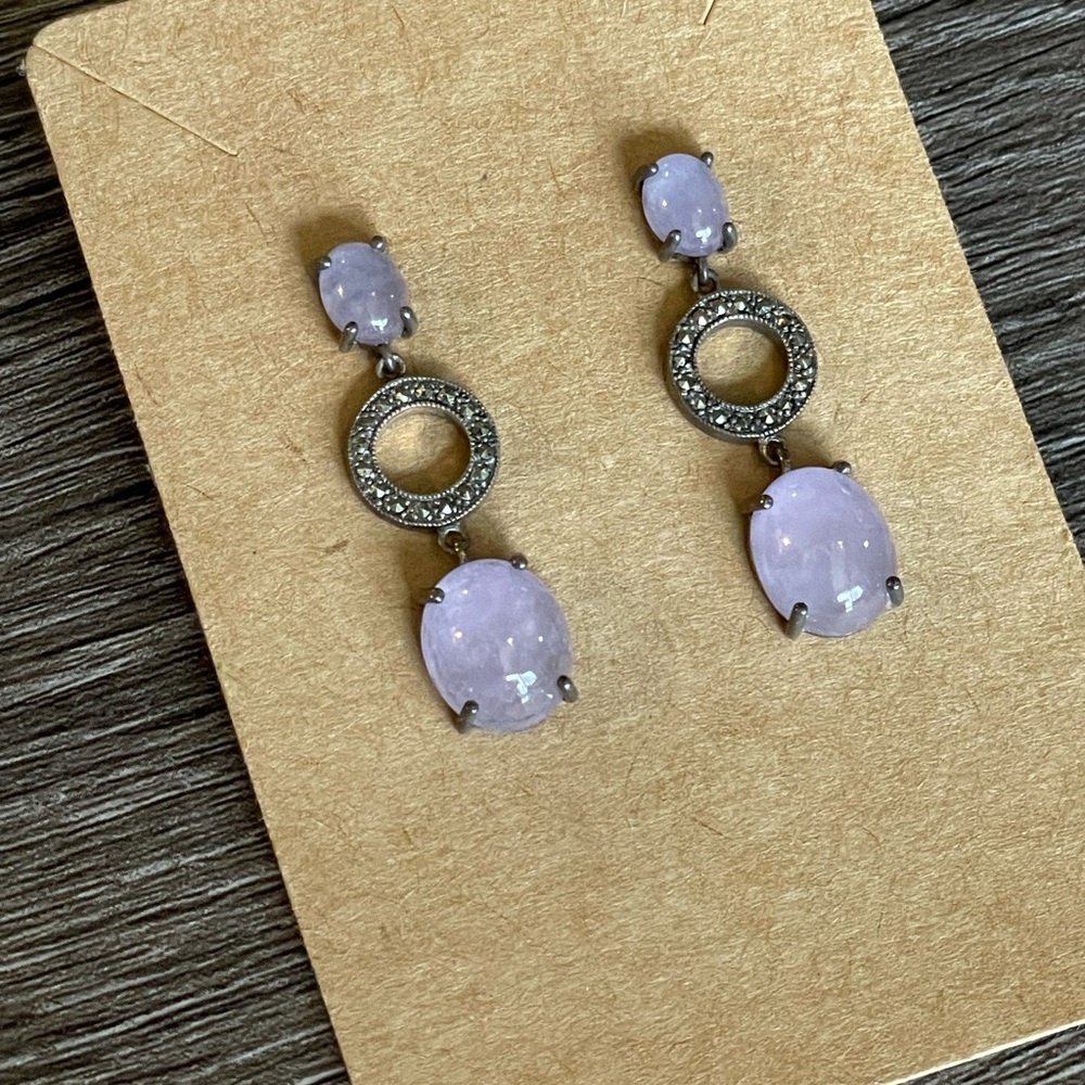 Lavender Purple Jadeite & Marcasite Sterling Silver and Dangle Earrings